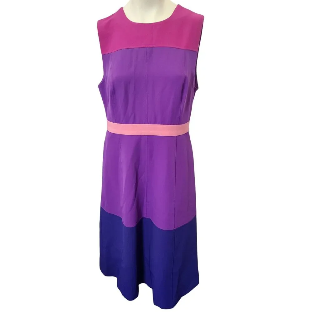 LDT‎ Colorblock Midi Dress Size 12 Pink Purple Sleeveless Mod Career Dress